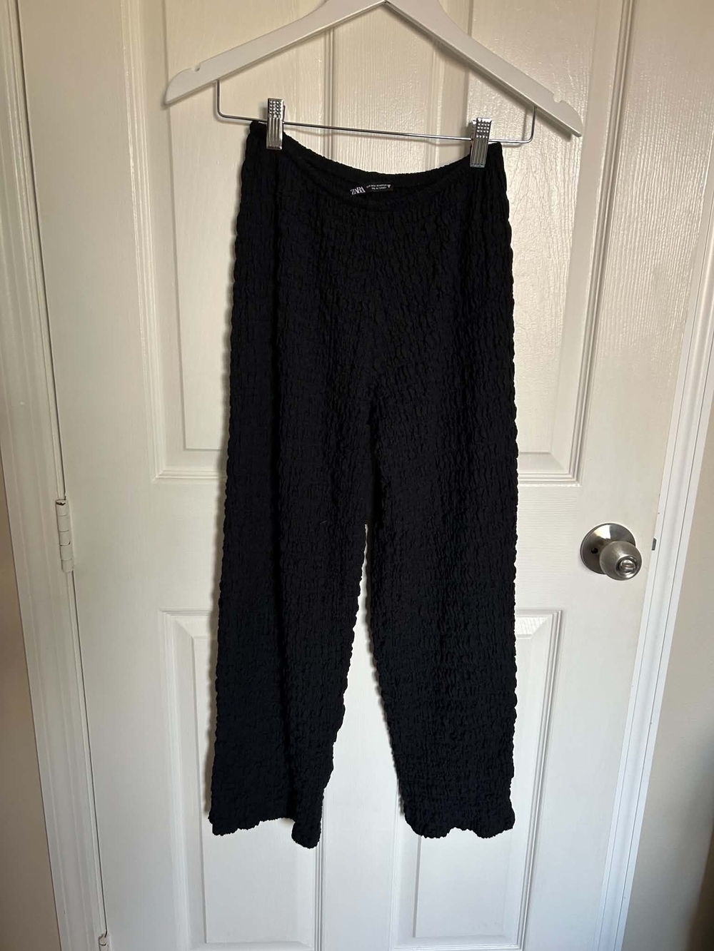 Zara Black Textured Crinkle Wide Leg Pants Stretch Waist Size Medium